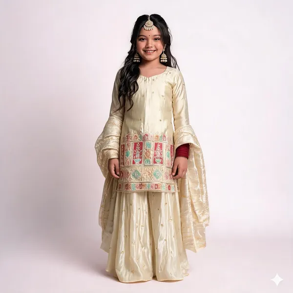 Cream_Chinon_Silk_Embroidered_Kurta_Set_For_Girls