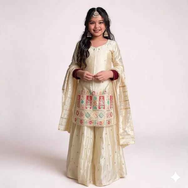Cream_Chinon_Silk_Embroidered_Kurta_Set_For_Girls