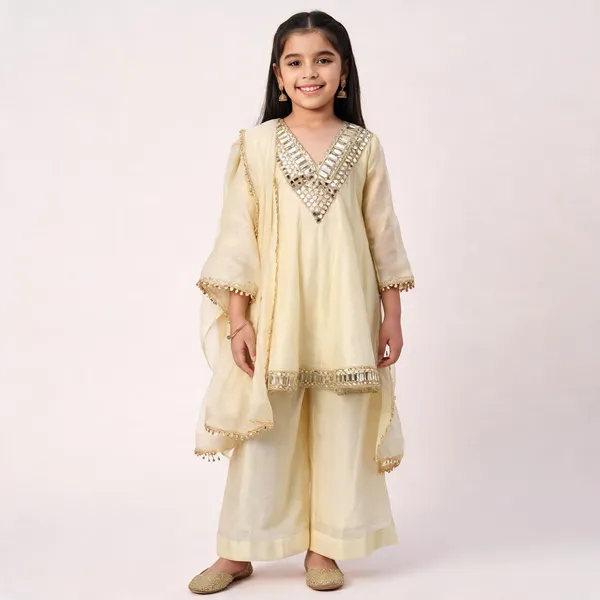Cream_Chinon_Silk_Embroidered_Festive_Kurta_Dupatta_Set_For_Girls