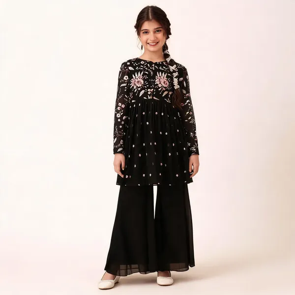 Black_Georgette_Embroidered_Kurta_And_Pyjama_Set_For_Girls