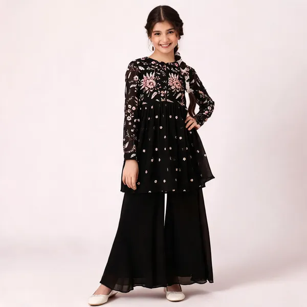 Black_Georgette_Embroidered_Kurta_And_Pyjama_Set_For_Girls
