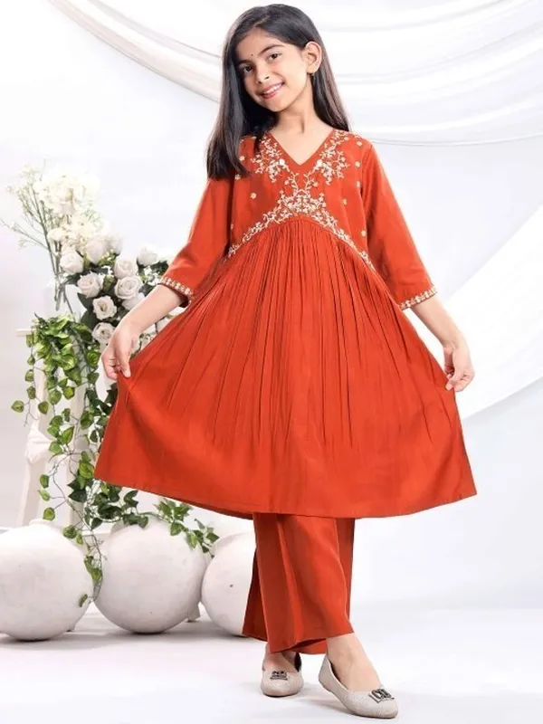 Orange_Rayon_Embroidered_Kurta_Pyjama_Dupatta_Set_For_Girls