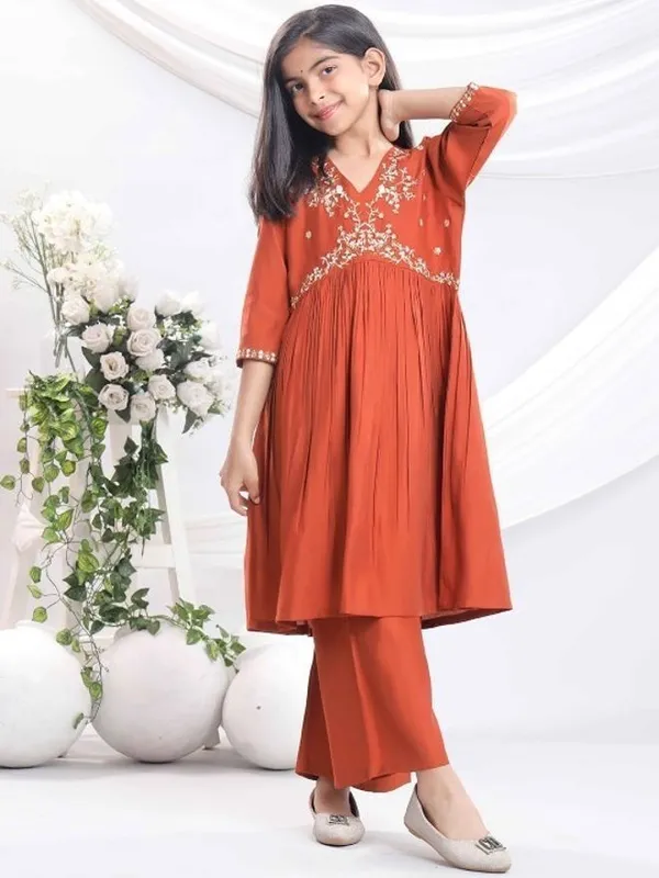 Orange_Rayon_Embroidered_Kurta_Pyjama_Dupatta_Set_For_Girls