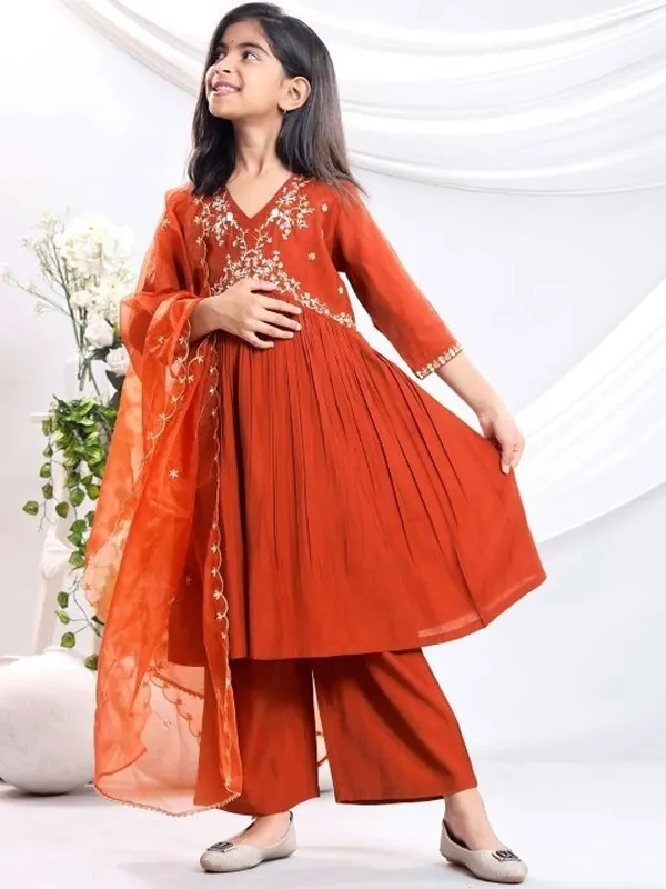 Orange_Rayon_Embroidered_Kurta_Pyjama_Dupatta_Set_For_Girls
