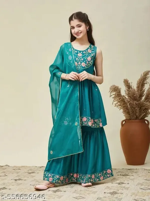 Green_Silk_Blend_Embroidered_Kurta_Dupatta_Set_For_Girls