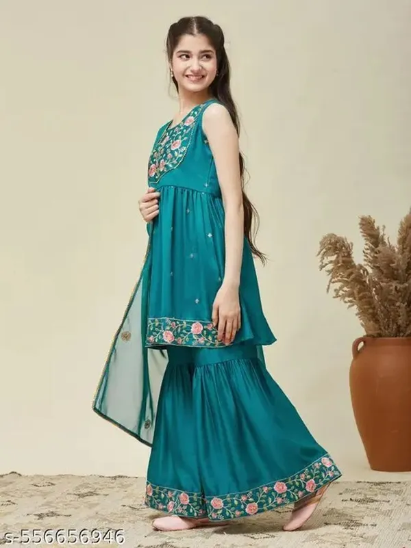 Green_Silk_Blend_Embroidered_Kurta_Dupatta_Set_For_Girls