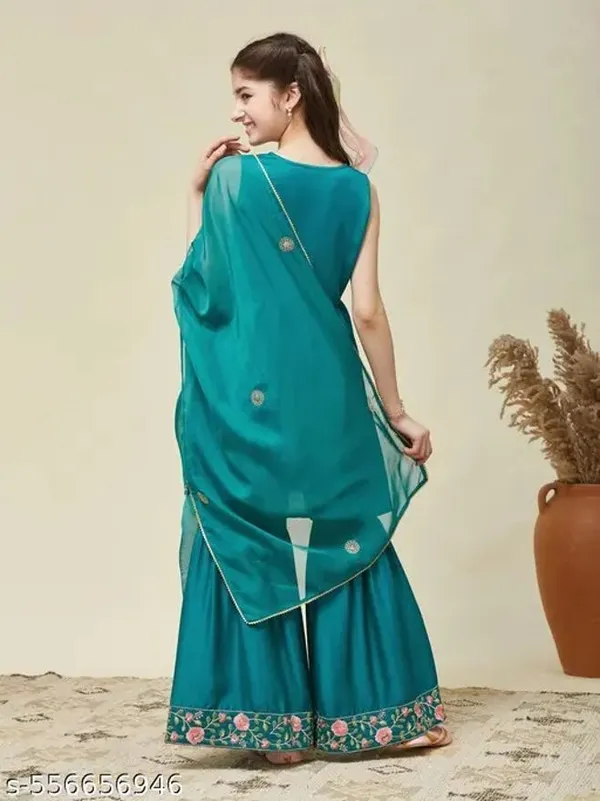 Green_Silk_Blend_Embroidered_Kurta_Dupatta_Set_For_Girls