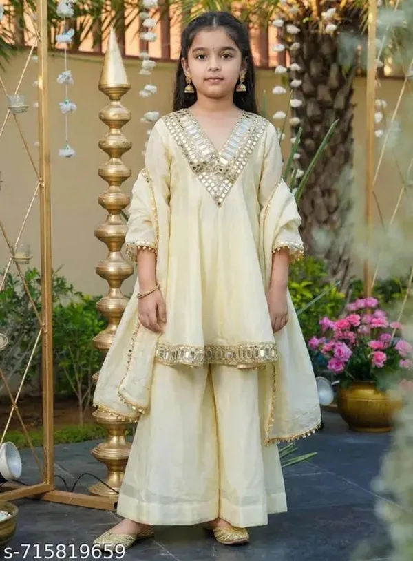 Cream_Chinon_Silk_Embroidered_Festive_Kurta_Dupatta_Set_For_Girls