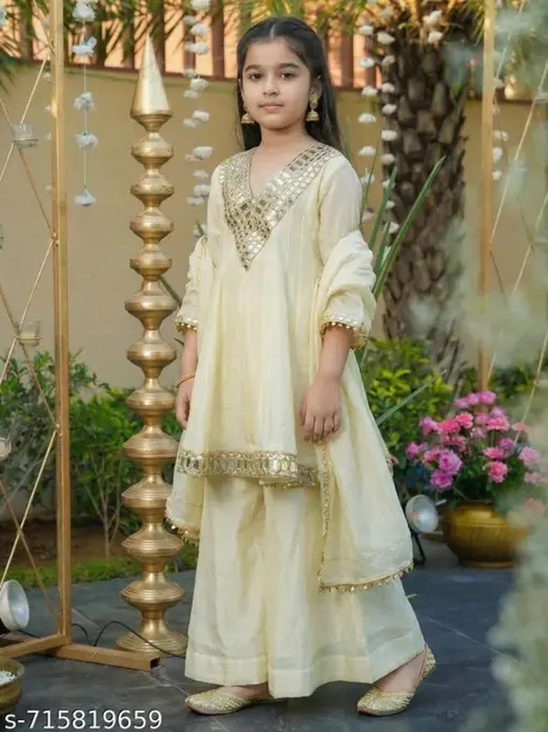 Cream_Chinon_Silk_Embroidered_Festive_Kurta_Dupatta_Set_For_Girls