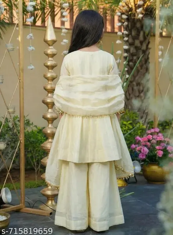 Cream_Chinon_Silk_Embroidered_Festive_Kurta_Dupatta_Set_For_Girls