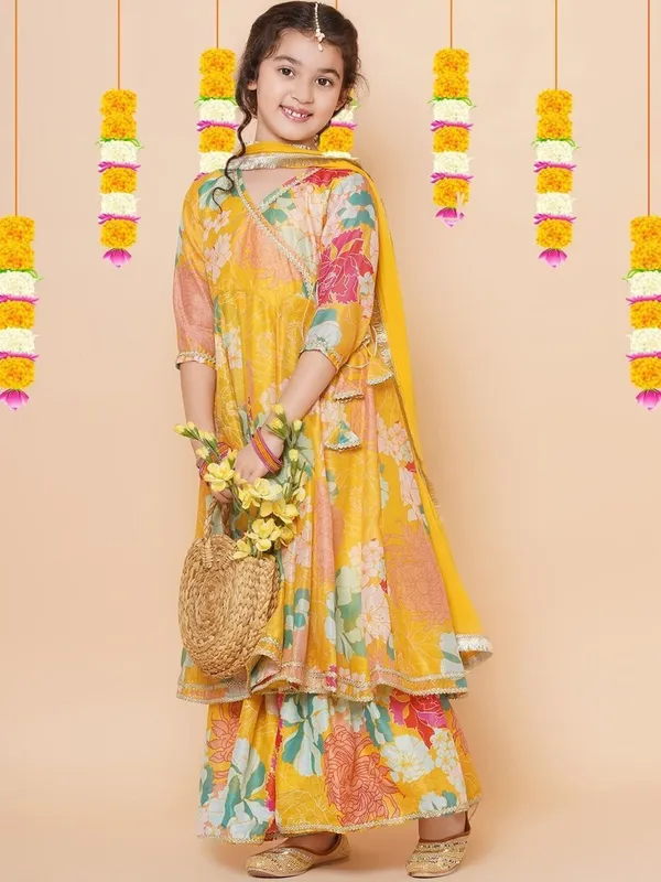 Yellow_Chanderi_Floral_Print_Kurta_Sharara_Set_For_Girls