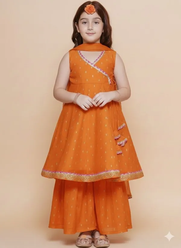 Orange_Chanderi_Silk_Embroidered_Kurta_Palazzo_Set_For_Girls