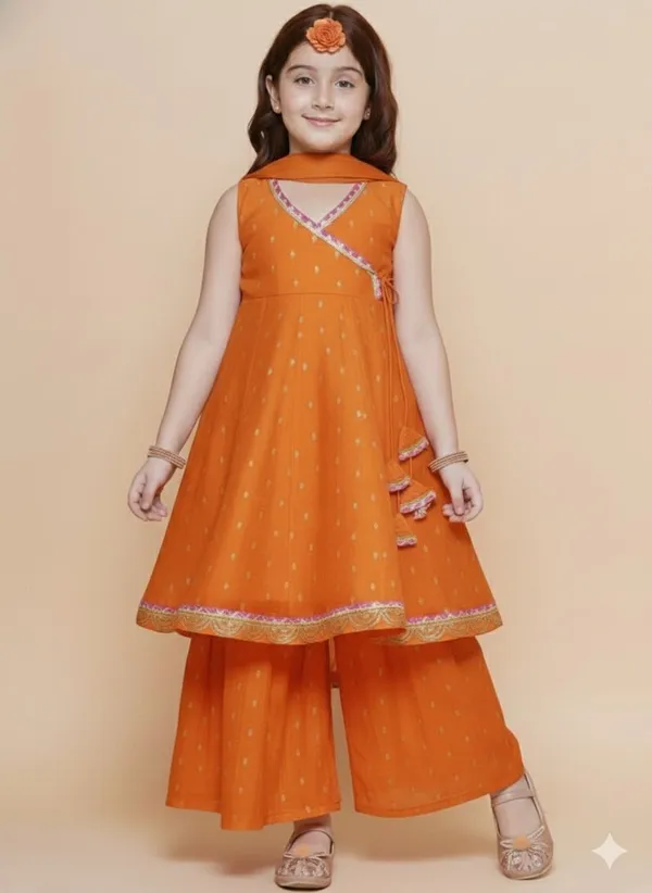 Orange_Chanderi_Silk_Embroidered_Kurta_Palazzo_Set_For_Girls