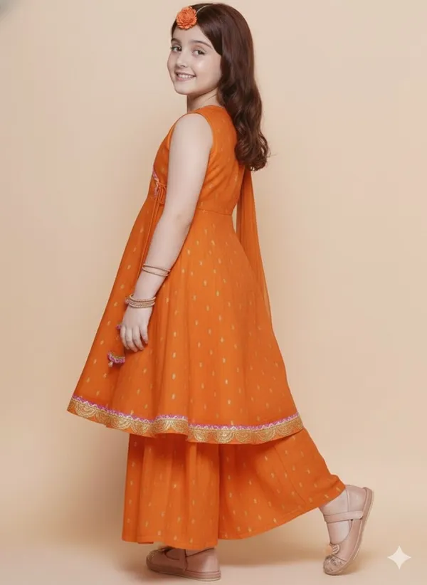 Orange_Chanderi_Silk_Embroidered_Kurta_Palazzo_Set_For_Girls