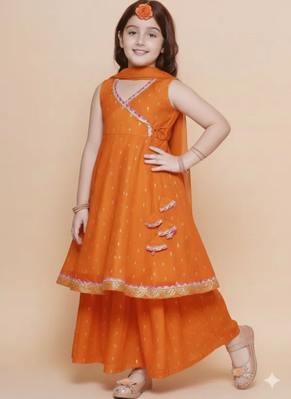 Orange_Chanderi_Silk_Embroidered_Kurta_Palazzo_Set_For_Girls