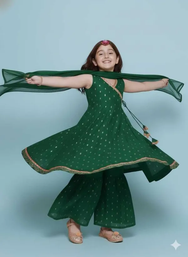 Green_Chanderi_Silk_Embroidered_Kurta_Palazzo_Set_For_Girls