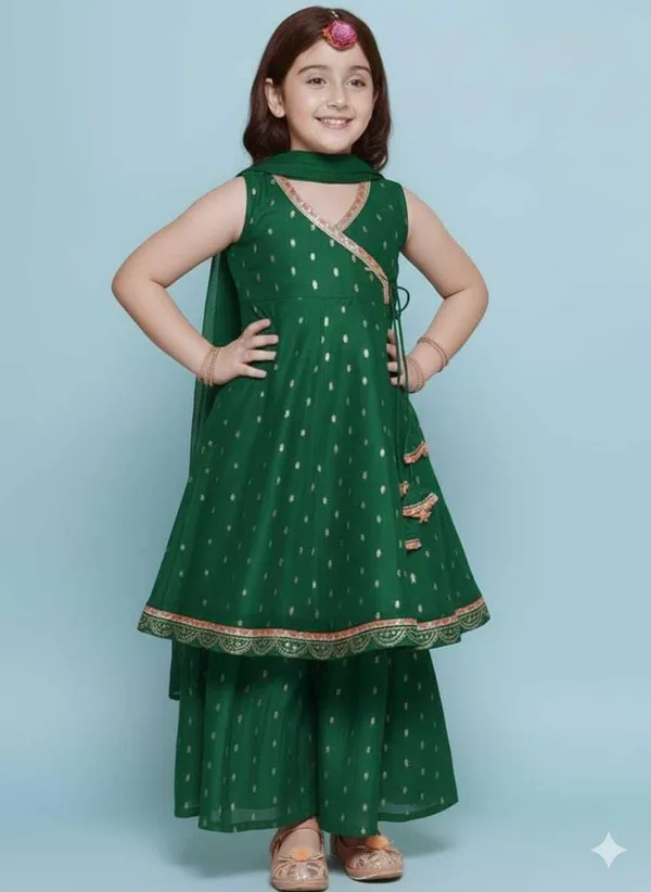 Green_Chanderi_Silk_Embroidered_Kurta_Palazzo_Set_For_Girls