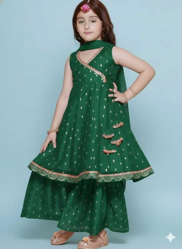 Green_Chanderi_Silk_Embroidered_Kurta_Palazzo_Set_For_Girls