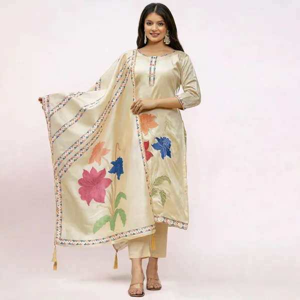 Beige_Viscose_Assam_Silk_Straight_Embroidered_Kurta_Set_For_Women