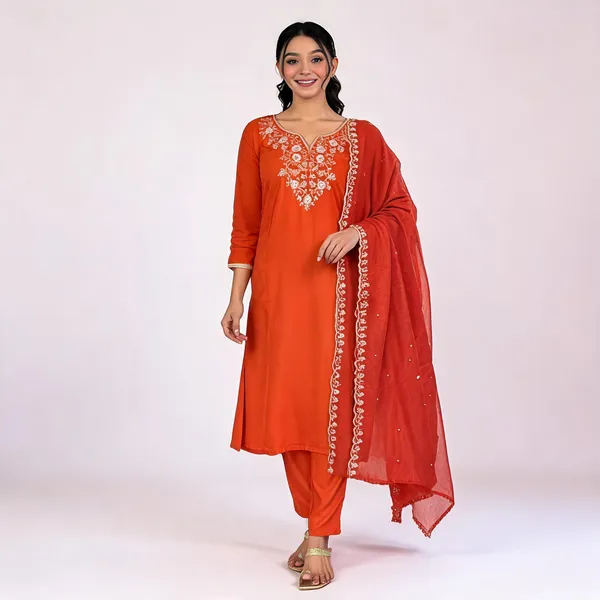 Orange_Viscose_Chinon_Straight_Embroidered_Kurta_Set_For_Women