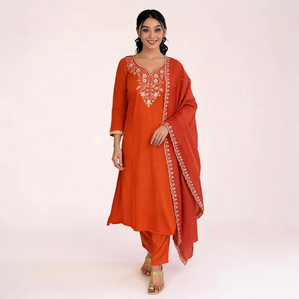 Orange_Viscose_Chinon_Straight_Embroidered_Kurta_Set_For_Women