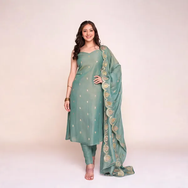 Dark_Green_Chanderi_Straight_Kurta_Set_For_Women