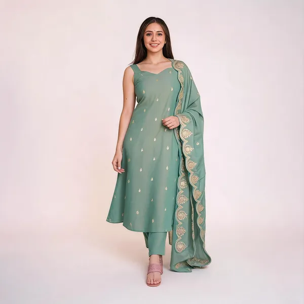 Dark_Green_Chanderi_Straight_Kurta_Set_For_Women