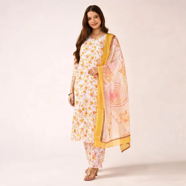Yellow_Silk_Blend_Floral_Printed_Kurta_Set_For_Women