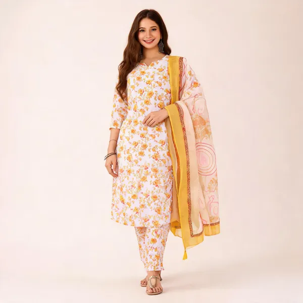 Yellow_Silk_Blend_Floral_Printed_Kurta_Set_For_Women