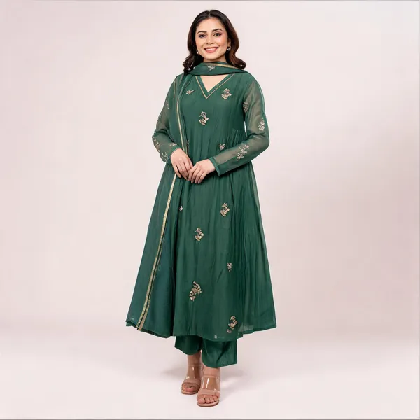 Green_Chanderi_Silk_Flared_Embroidered_Kurta_Set_For_Women