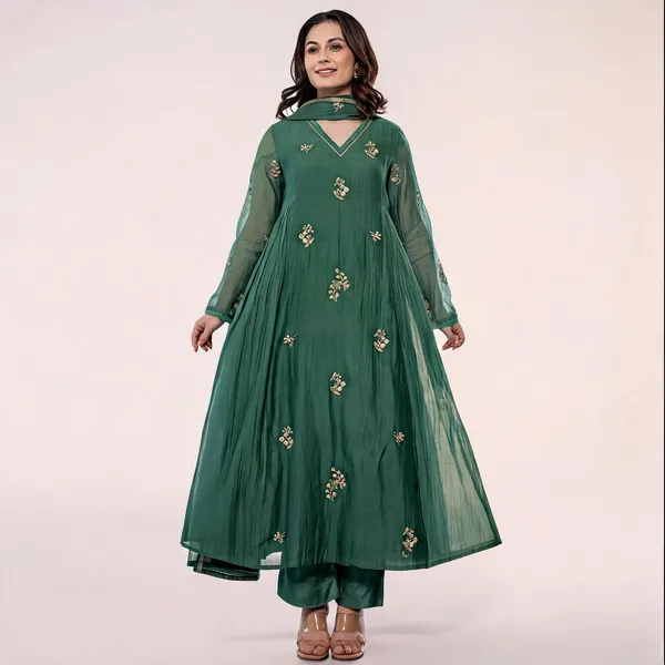 Green_Chanderi_Silk_Flared_Embroidered_Kurta_Set_For_Women