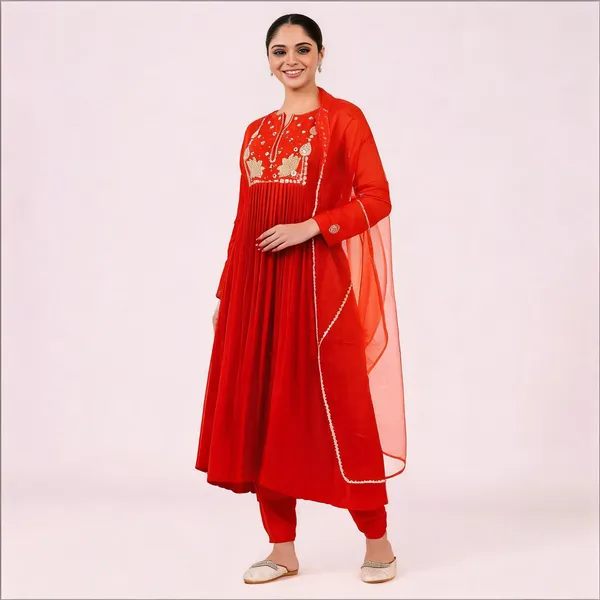 Red_Chanderi_Silk_Floral_Embroidered_Kurta_Set_For_Women