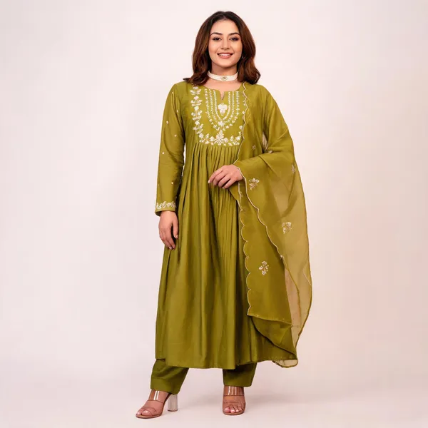 Yellow_Chanderi_Silk_Embroidered_Flared_Kurta_Set_For_Women