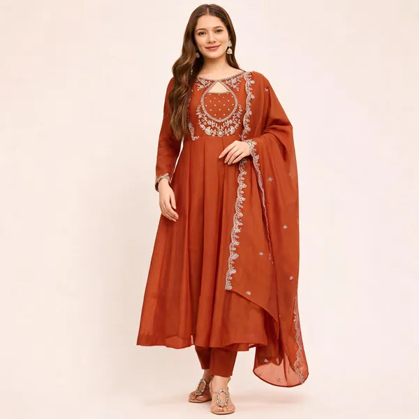 Orange_Art_Silk_Anarkali_Embroidered_Kurta_Set_For_Women