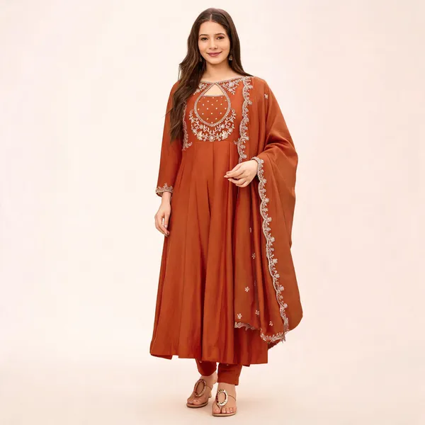 Orange_Art_Silk_Embroidered_Anarkali_Kurta_Set_For_Women
