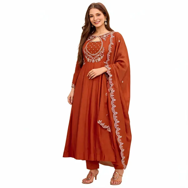 Orange_Art_Silk_Embroidered_Anarkali_Kurta_Set_For_Women