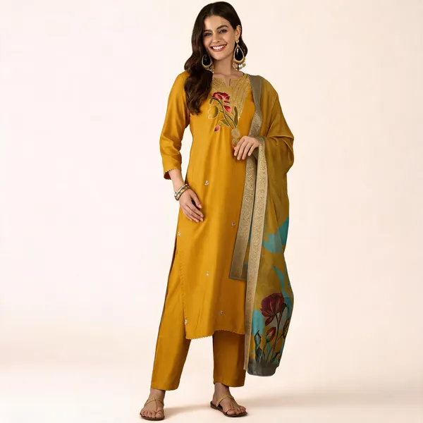 Yellow_Rayon_Embroidered_Kurta_Pant_Dupatta_Set_For_Women
