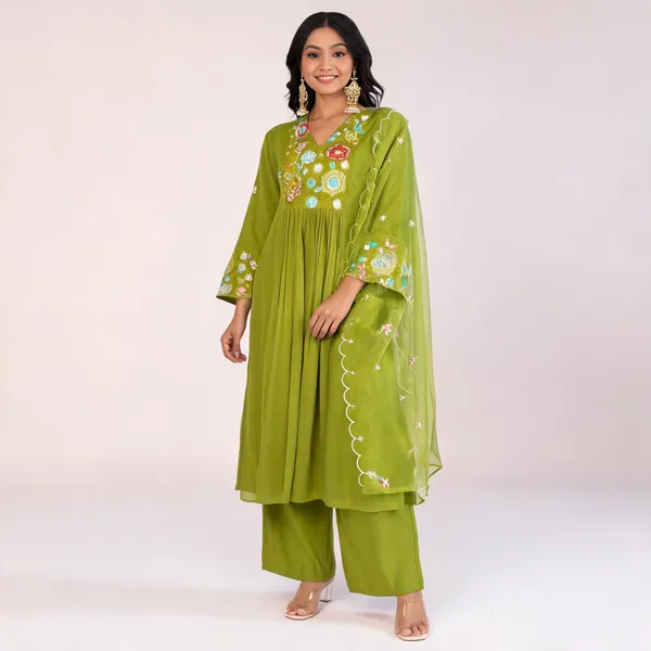 Green_Cotton_Anarkali_Floral_Embroidered_Kurta_Set_For_Women