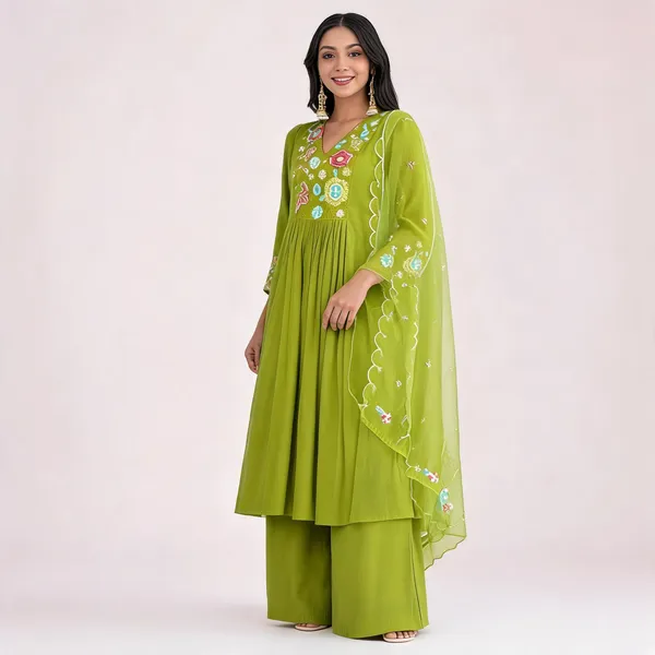 Green_Cotton_Anarkali_Floral_Embroidered_Kurta_Set_For_Women