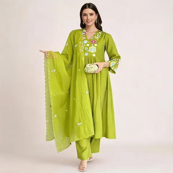 Green_Cotton_Anarkali_Embroidered_Kurta_Set_For_Women