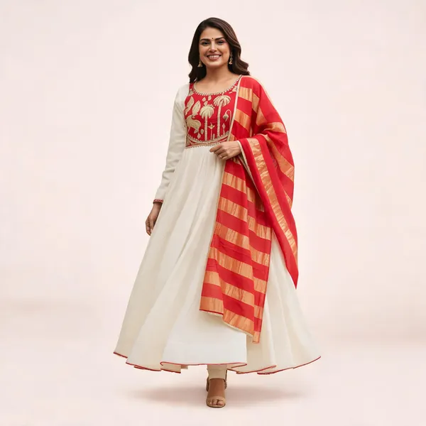 Red_Cotton_Straight_Embroidered_Yoke_Tassel_Kurta_Set_For_Women