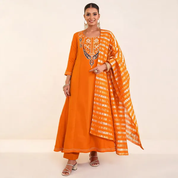 Orange_Viscose_Rayon_Sequin_Embroidered_Anarkali_Kurta_Set_For_Women