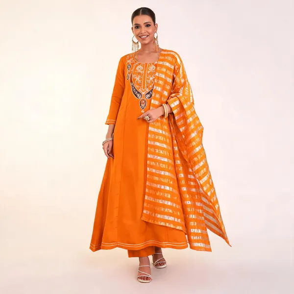Orange_Viscose_Rayon_Sequin_Embroidered_Anarkali_Kurta_Set_For_Women