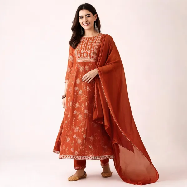 Orange_Georgette_Anarkali_Foil_Print_Kurta_Set_For_Women
