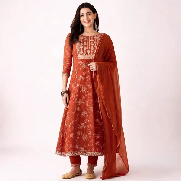 Orange_Georgette_Anarkali_Foil_Print_Kurta_Set_For_Women