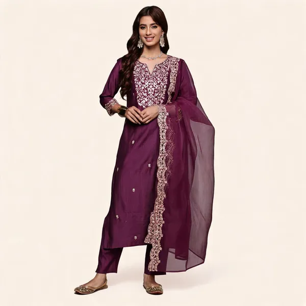 Wine_Chanderi_Embroidered_Yoke_Straight_Kurta_Salwar_Set_For_Women