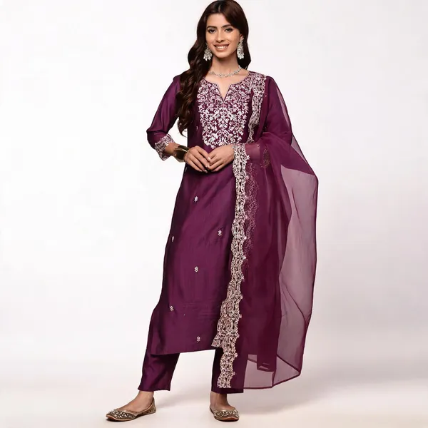 Wine_Chanderi_Embroidered_Yoke_Straight_Kurta_Salwar_Set_For_Women