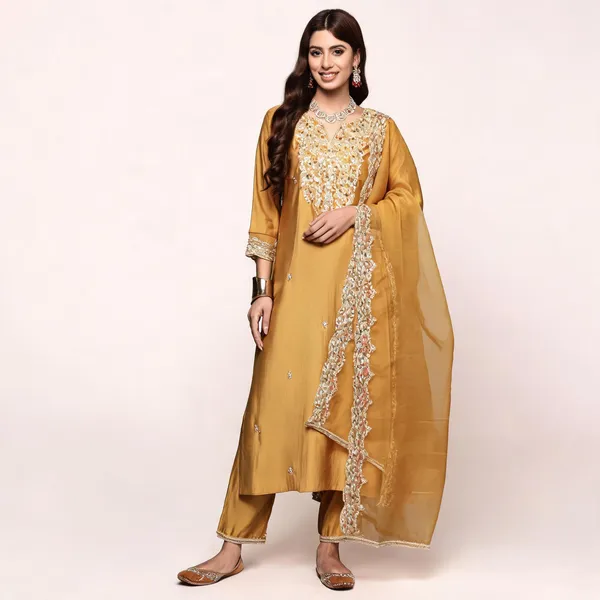 Yellow_Chanderi_Embroidered_Yoke_Straight_Kurta_Salwar_Set_For_Women