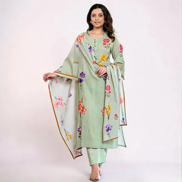 Light_Green_Cotton_Printed_Kurta_With_Pant_&_Dupatta_For_Women