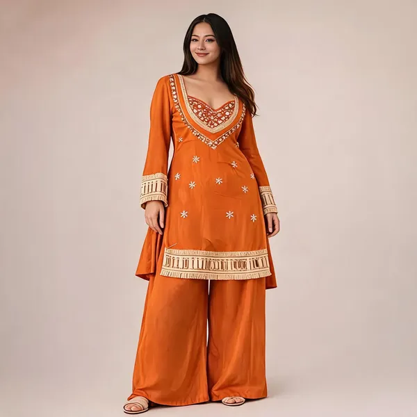 Orange_Silk_Blend_Mirror_Embroidered_Kurta_Palazzo_Set_For_Women